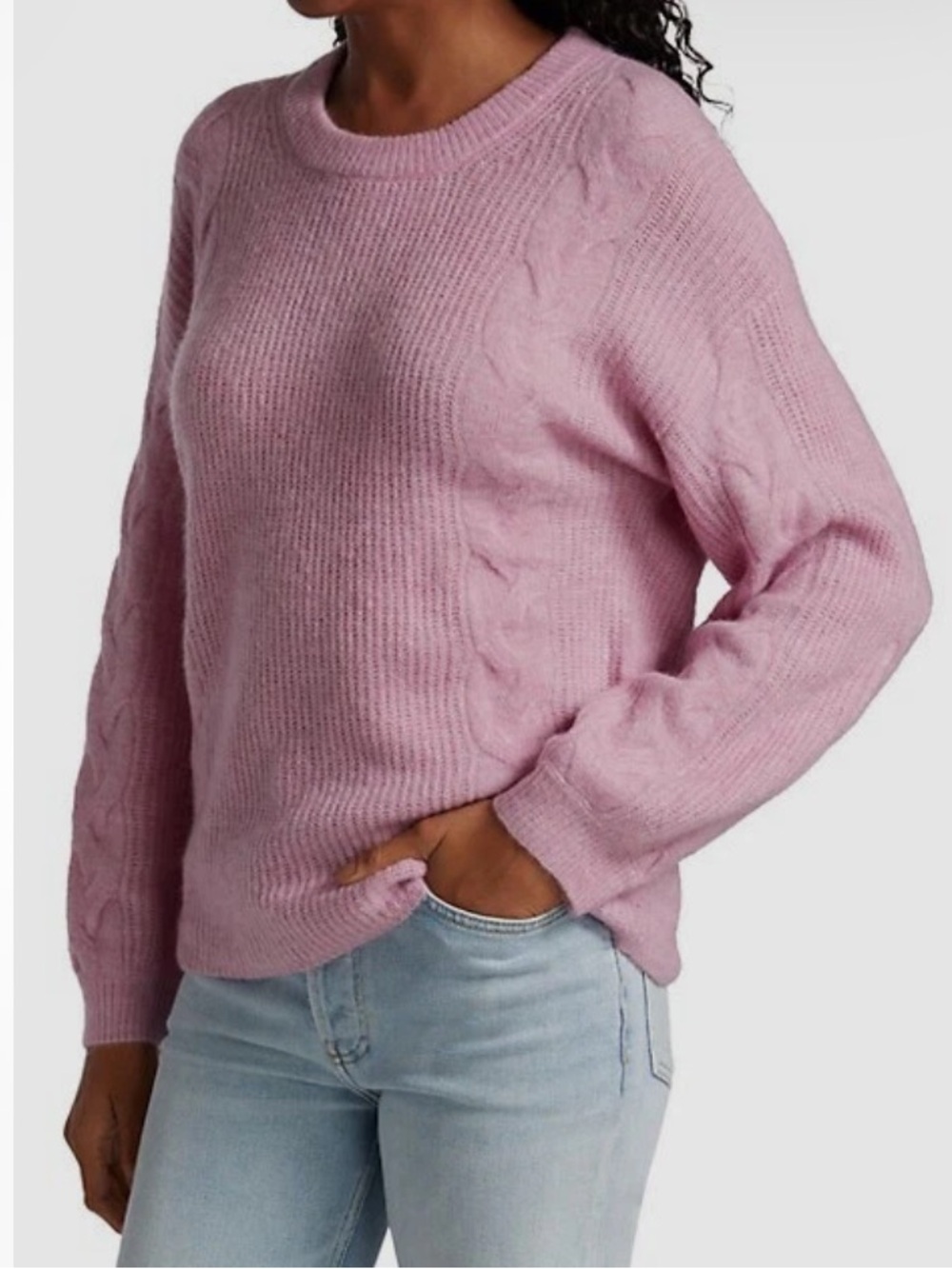 Splendid Women Pink Natalia Cable-Knit Wool Blend Crewneck Long Sleeve Sweater